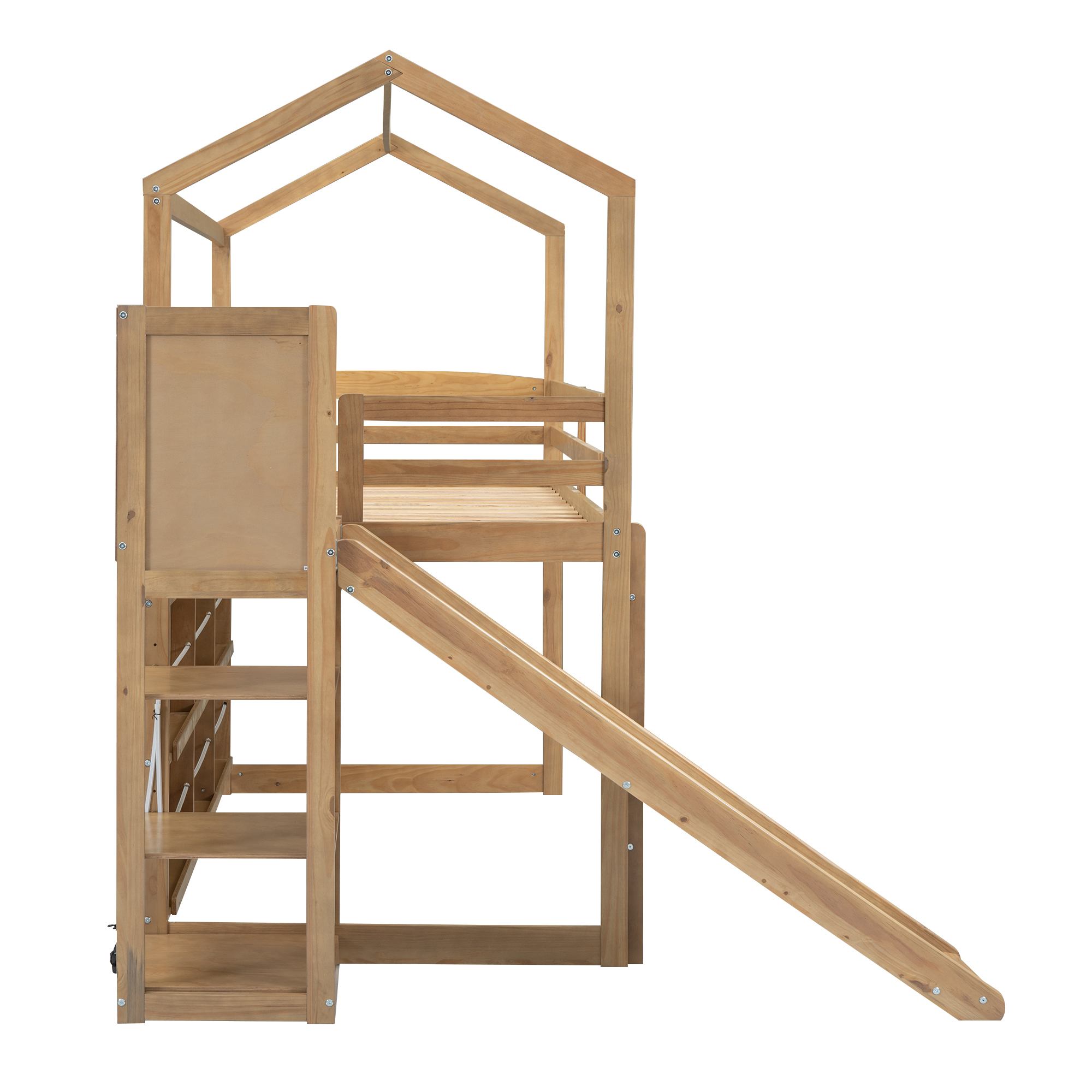 Euroco Wood Twin Size Loft Bed with Shelf and Slide, LED Light Strip and Bookcase for Kids Teens Adults, Wood