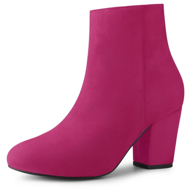 Botines De Tacón Grueso Con Cremallera Lateral Punta Redonda Para Mujeres Rosa caliente 37.5