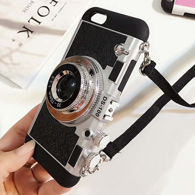 Funda para teléfono con cámara vintage, diseño moderno de cámara en estilo vintage 3D, funda de silicona con correa larga, compatible con iPhone 6 y 6s