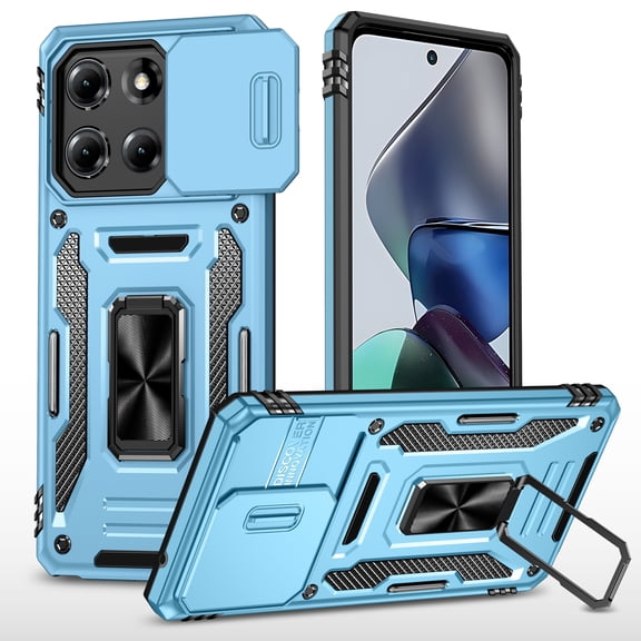 Allytechgroup for Moto G 2025 Case with Screen Protector, Sliding Camera Lens Cover Rugged PC Bumper Magnetic Cover Compatible with Car Mount Shockproof Kickstand Case for Moto G 5G 2025, Lightblue