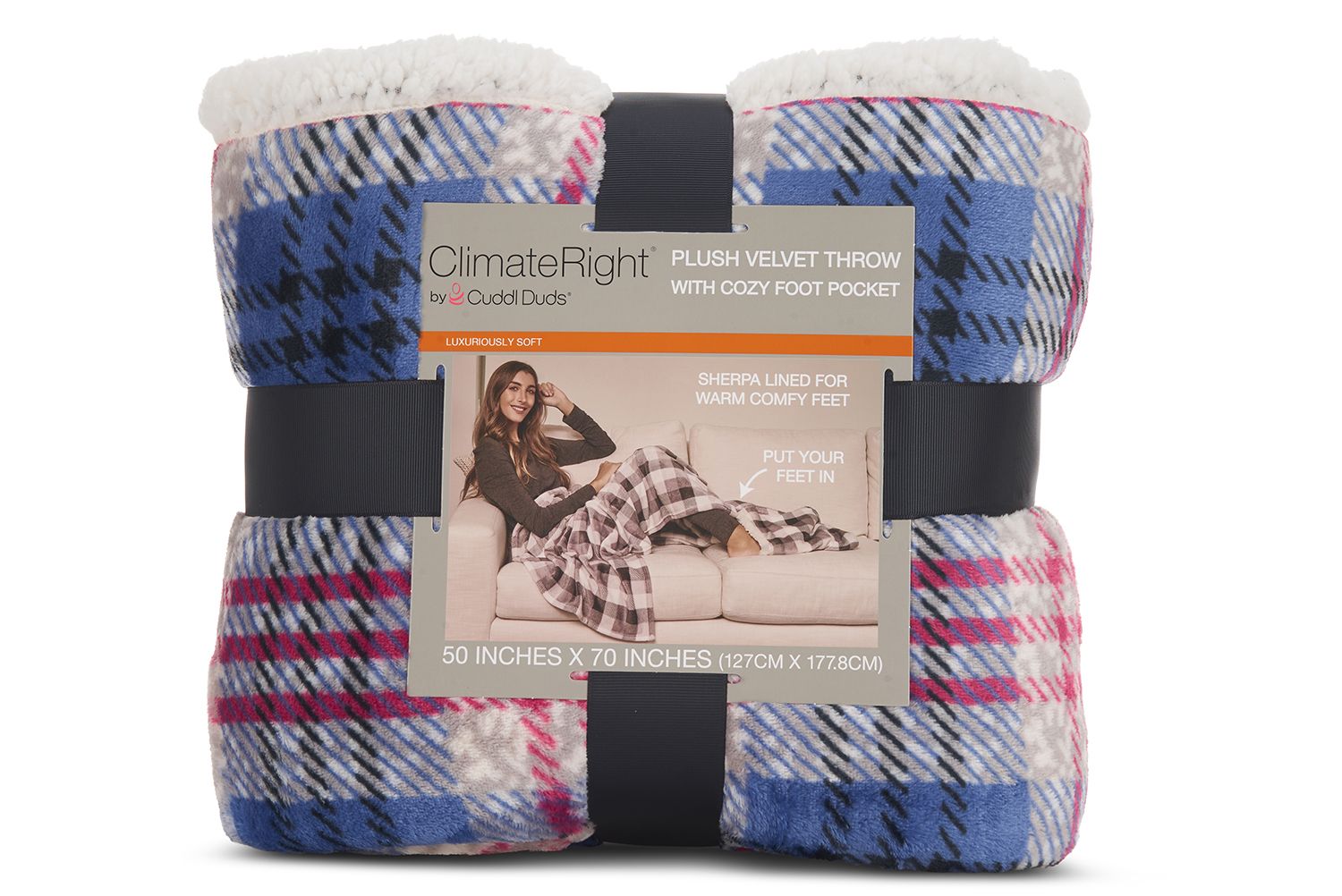 ClimateRight by Cuddl Duds Oversized Throw With A Cozy Sherpa Pocket For Your Feet, Red/Blue Plaid - image 5 of 6