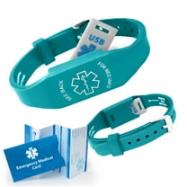 Elite II USB Medical ID Bracelet: Hypoallergenic Waterproof Silicone Wristband 2GB Waterproof Flash Drive Medical Alert Card. Complimentary Access PHR (Personal Health Record) - Teal