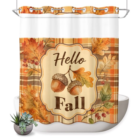 No Hook Shower Curtain, Fall Thanksgiving Shower Curtains for Bathroom with See Through Top Window, Farmhouse Cones Leaves Orange Plaid Waterproof & Washable Bath Curtain Standard 72"x72"