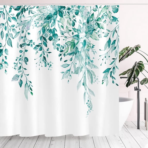 Teal Eucalyptus Shower Curtain, Watercolor Turquoise Leaves on The Top Plant with Floral Bathroom Decoration Shower Curtain Sets 72x72 Inch with Hooks