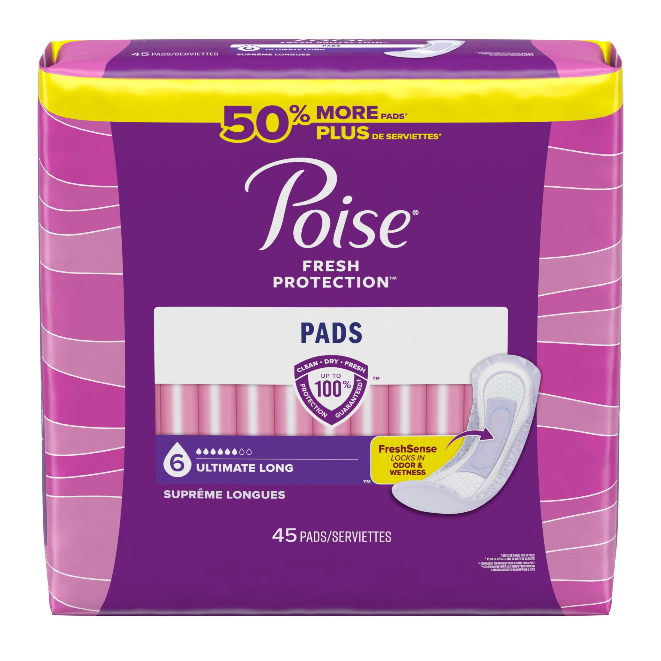 Poise Incontinence Pads for Women, 6 Drop Ultimate Absorbency, Long Length, 45 Count