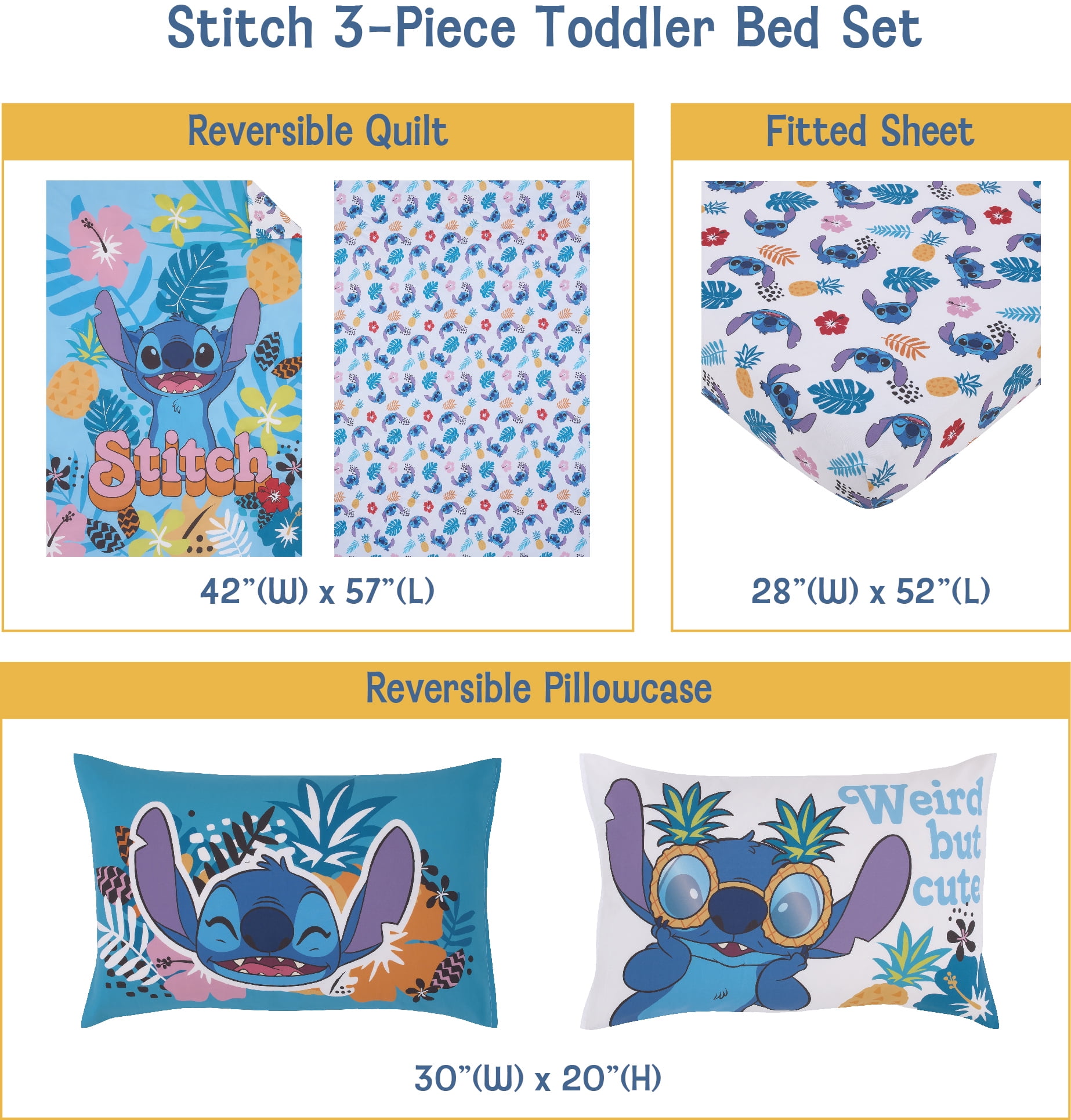 Disney Stitch 3-PC Toddler Bedding, Comforter, Fitted Sheet, Pillowcase, Blue, Turquoise, Toddler Child