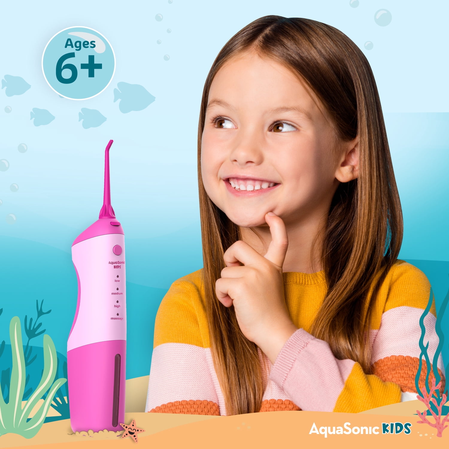 AquaSonic Kids Water Flosser - Aquarium Adventures Theme with Waterproof Stickers (Pink)