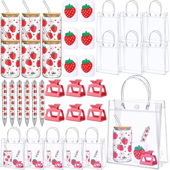 HLONK 6 Set Baby Shower Game Prizes Sweet Strawberry Themed 17 oz Tumblers with Lids Straws Mirrors Pens Hair Clips Gift Bags for Baby Bridal Shower Wedding Party Favors