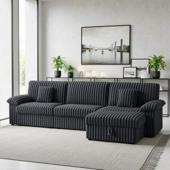 Homfa 3-Seater Corduroy Sofa Couches with Ottoman, 130" Sofa Chaise Lounge with USB Charging Ports & 2 Throw Pillows, Dark Gray