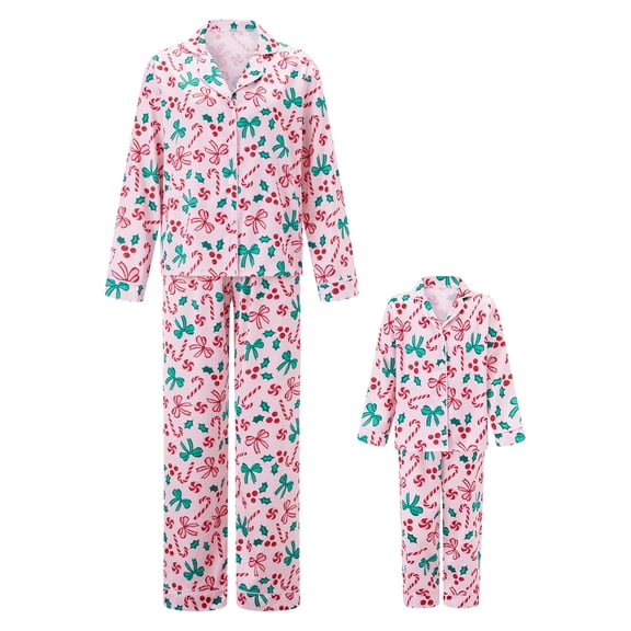 AIGUR Matching Mommy and Me Sleepwear, Candy Cane Bow Print Button Down Long Sleeve Pajama Set
