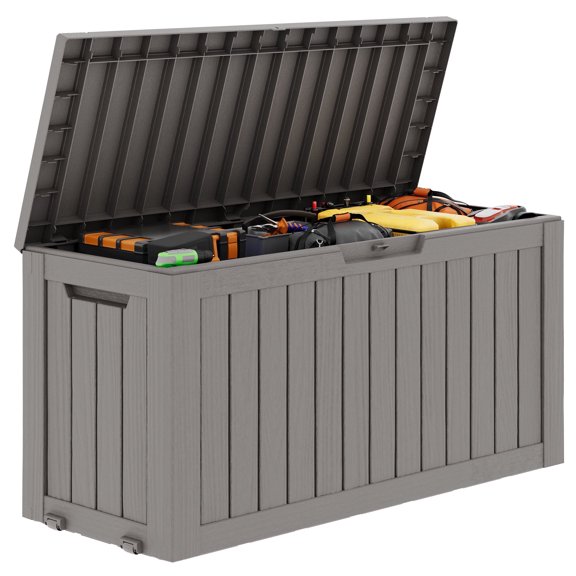 Nihsuao 80 Gallon Woven-Pattern Resin Deck Box, Lockable Weatherproof Outdoor Storage Bin for Patio Cushions, Garden Tools, and Backyard Use, Gray