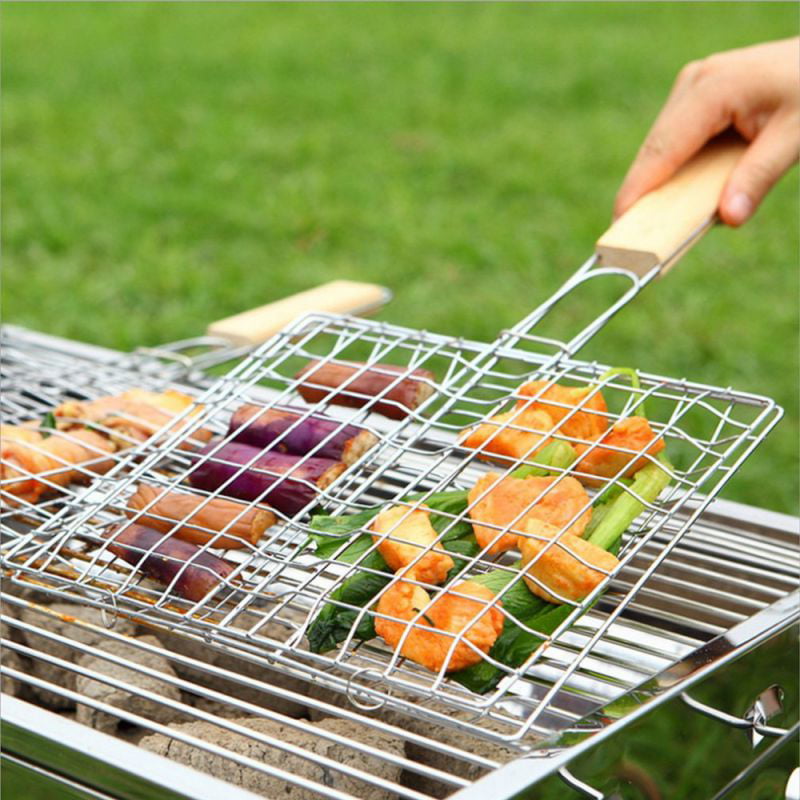 Barbecue Meat Fish Roasting Flip Basket BBQ Cooking Grill Wooden Handle Roaster 
