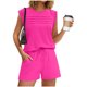 thumbnail image 4 of Mujeres de Color Sólido Manga Corta Delantera Plisada Cuello Redondo Y Pantalones Cortos para Yoga, Correr, Entrenamiento, Fitness Y Uso Diario, 4 of 8