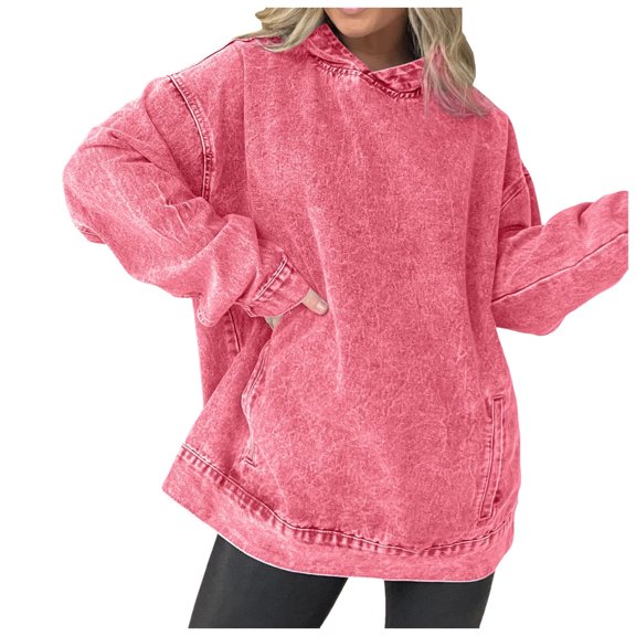 Essentials Hoodie for Women Vintage Distress Solid Casual Long Sleeve Denim Y2k Winter Hooded Sweatshirts