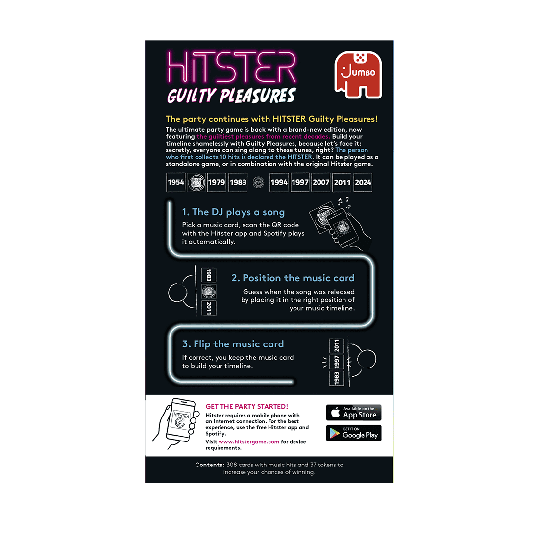 Jumbo Hitster Guilty Pleasures, Fun Music Quiz Card Game, 2-10 Players - 300 Plus Guilty Pleasure Music Hits