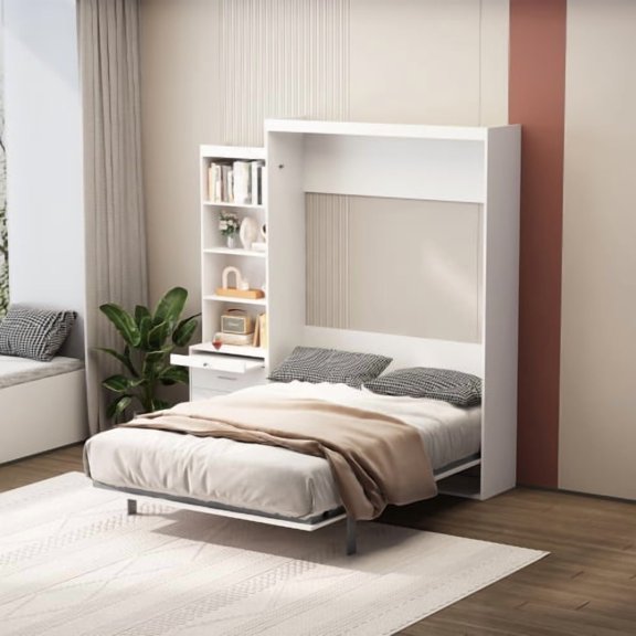 imerelez Morden Deisgn Full Size Vertical Murphy Bed with Shelf and Drawers for Bedroom or Guestroom White Wall Bed Space Saving Hidden Bed with New Style Gas Struts