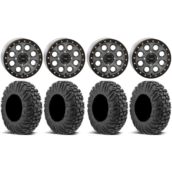 System 3 SB-7 14" Wheels Titanium (4 3) 32" MotoVator Tires Can-Am Maverick X3 / Honda Pioneer 1000 / Talon