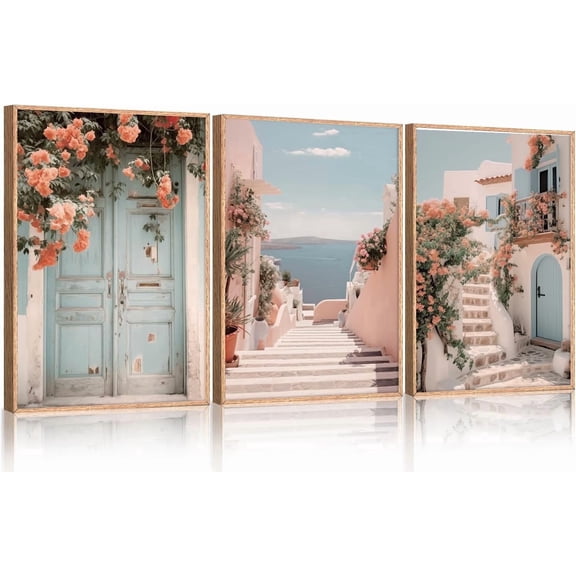 Italy Coast Cityscape Framed Canvas Wall Art Set, Neutral Italian Countryside Wall Decor, Aegean Santorini Landscape Wall Painting, Florida Beach Art Prints for Living Room, Bedroom 16"x24"x3