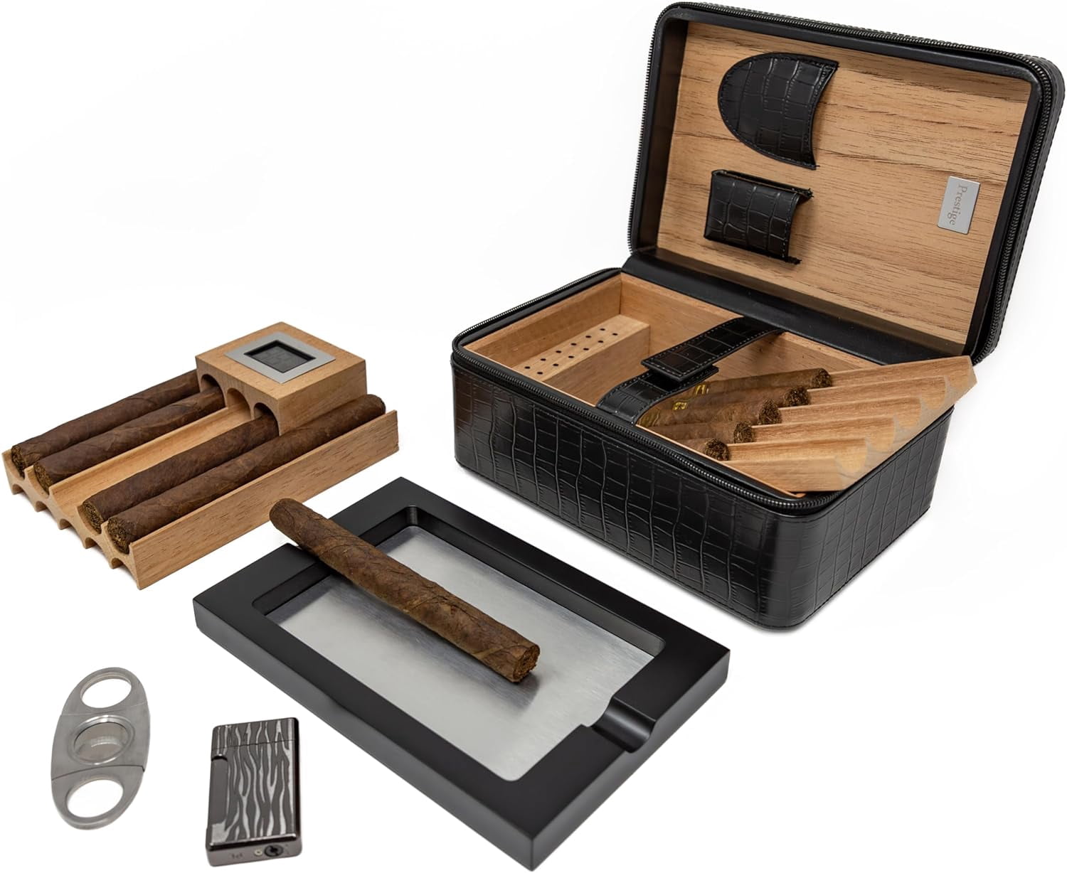 Prestige Import Group Manhattan XL Travel Cigar Humidor Case Set (Hygrometer, Ashtry, Cutter, Lighter, Humidifier) - Black