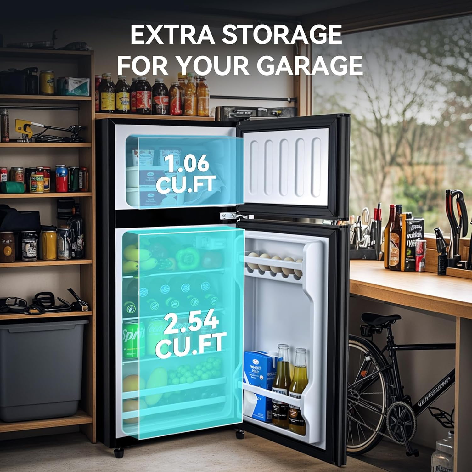 Kcpolre 3.6 Cu.Ft Double Door Fridge Freezer - 6-Level Thermostat, LED Light, Adjustable Glass Shelves - Ideal for Bedroom, Office, Dorm & Apartment - Black