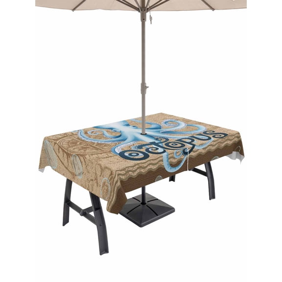 Outdoor Tablecloths with Umbrella Hole & Zipper, Vintage Octopus 60 x102 Inch Rectangle Tablecloths, Brown Nautical Anchor Bubbles Coastal Waterproof Table Cloth, Patio/Pool/Picnic Table Covers