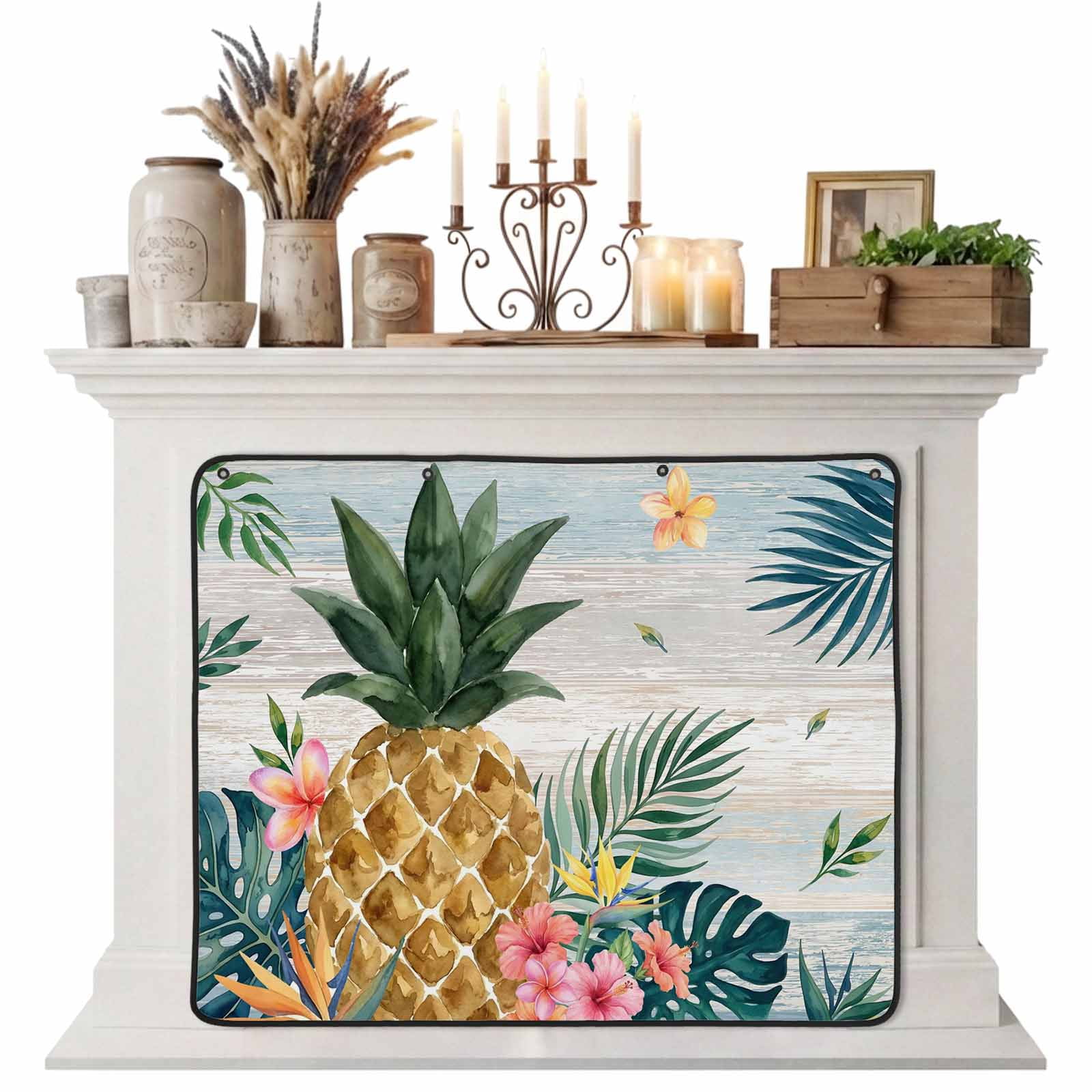 Magnetic Fireplace Cover Pineapple Palm Leaves Fireplace Screen Summer Tropical Fruit Blue Wood Insulation Fireplace Blocker Blanket Save Energy Fireplace Draft Stopper Covers for Living Room 36x30