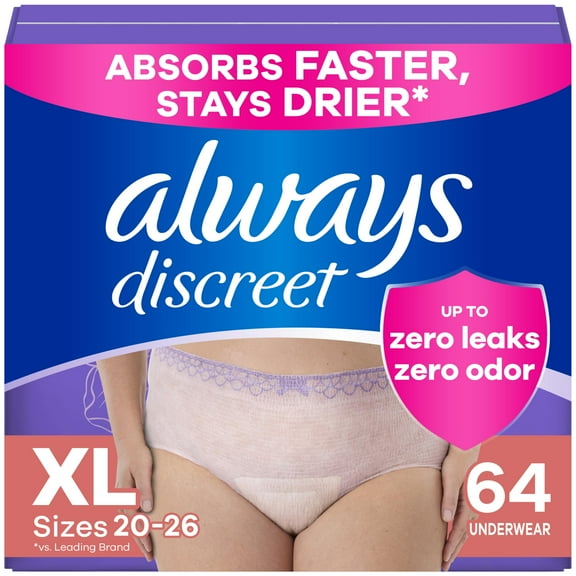 Always Discreet Adult Incontinence Underwear for Women and Postpartum Underwear, XL, up to 100% Bladder Leak Protection, 64 Count (Packaging May Vary)