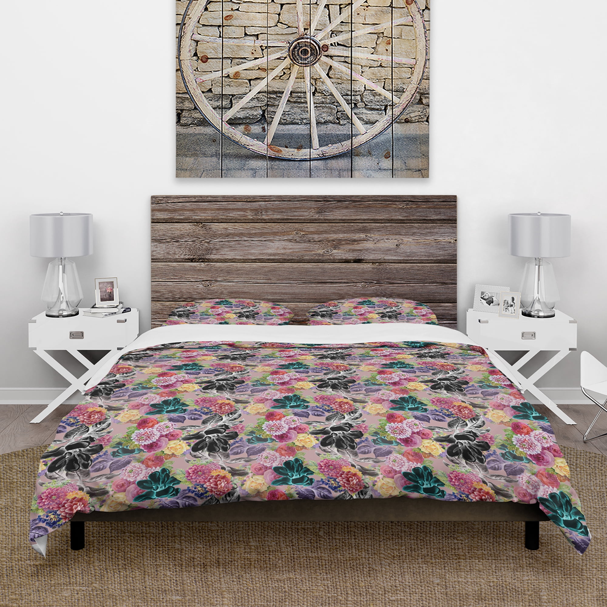 Designart 'Black Chrysanthemum And Blooming Roses' Floral Duvet Cover Set