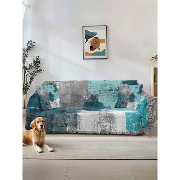 Teal Grey Couch Cover for Dogs, Modern Oil Painted Abstract Art Aesthetics Washable Sofa Covers Slipcover for Pets Dogs Futon Cover, Couch Recliner Covers, Oversized Chair Slipcover 71"x91"