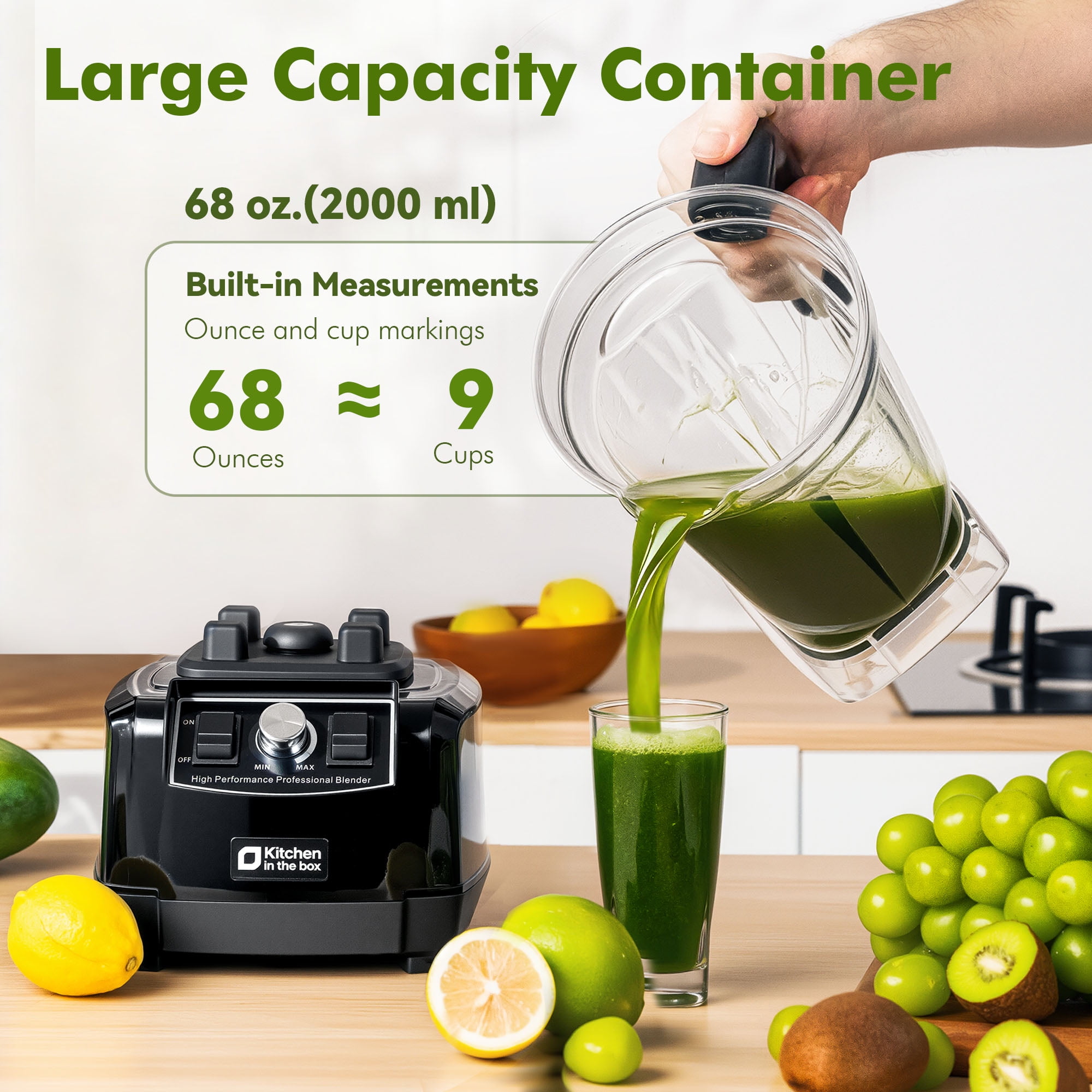 Kitchen in the box 68 oz High-Power Countertop Blender, 1450W (2 HP) Professional Smoothie & Ice-Crushing Blender with 8-Point Stainless Steel Blades, BPA-Free Tritan Jar — Black