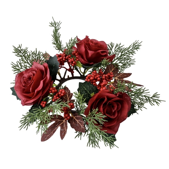 Farfi Artificial Flower Candle Ring Wreath Handmade Plastic Crimson Rose Berries Candle Holder for Christmas Thanksgiving Home Party Table Decor (Red)