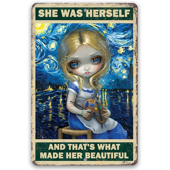 She Was Herself - Gothic Metal Sign - Moody Goth Blue Shades In This Inspirational Woman Empowerment Decor - Great Wicca, Wiccan, Witch, Occult, Magic Gift Under $20 (8" x 12")