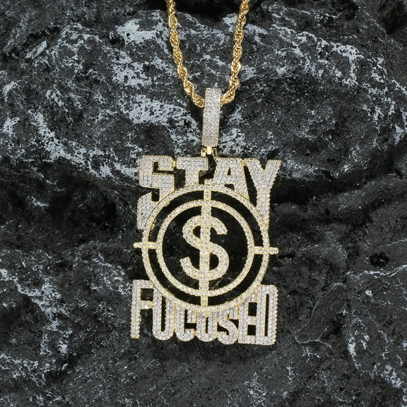 Iced Out Bling Letters Stay Focused 14K Yellow Gold Pendant Necklaces Gold Color CZ Zircon US Dollar Money Charm Men's Women Hip Hop Jewelry