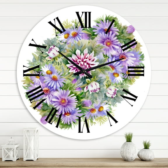 Designart 'Bouquet With Purple Chrysanthemums And Daisies' Traditional Wall Clock