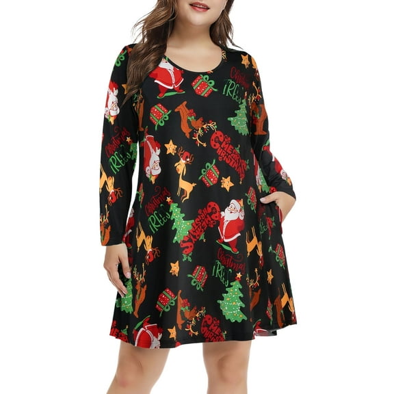Plus Size Christmas Dresses 5X for Women, VEPKUL Crew Neck T Shirt Dress Long Sleeve Casual Loose Swing Fall Dress with Pockets