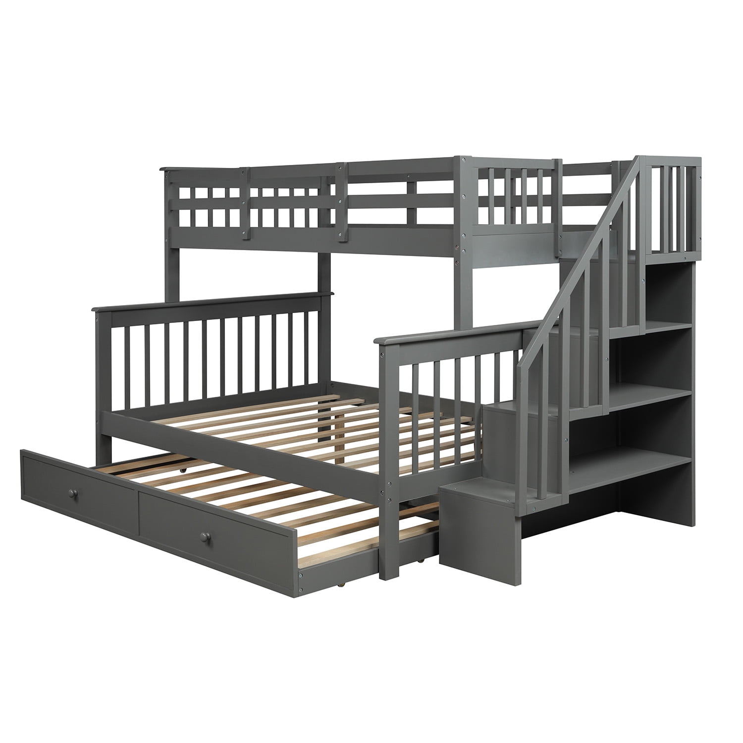 Stairway Twin-Over-Full Bunk Beds with Storage and Guard Rail, Bunk Bed for Bedroom, Dark Gray