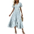 thumbnail image 4 of felwors Summer Dresses for Women 2025 Casual V Neck Short Sleeve Floral Midi Dress Tie Waist Ruffle Boho Cute Summer Dress Blue, XXL, 4 of 9