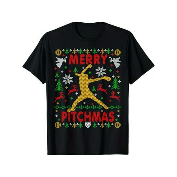 Merry Pitchmas" Softball-Themed Christmas T-Shirt for Men - 100% Cotton, Perfect Gift for Dad, Husband, Grandpa - Casual & Sporty, Sizes S-XXXL, Black, Best for Christmas