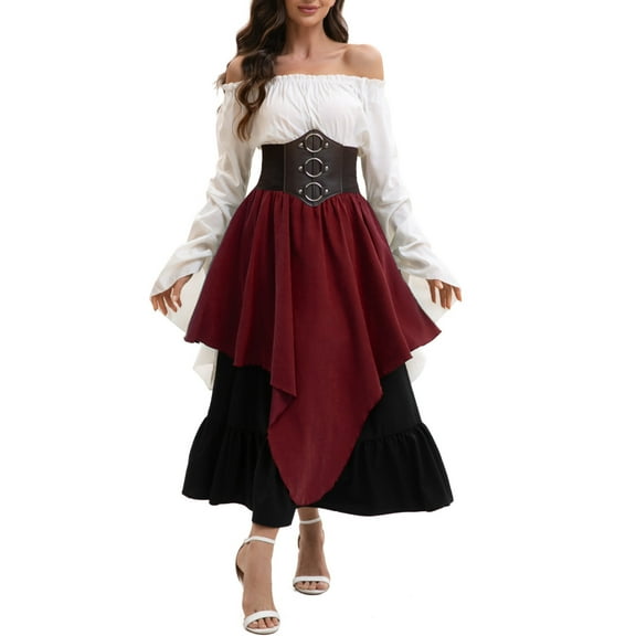 Wyobmus Womens Renaissance Medieval Outfits 3 Pcs Victorian Dresses Set Off Shoulder Ruffle Peasant Blouse Waistband and Maxi Skirt with Apron A-Burgundy