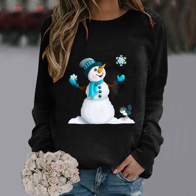 Jienlioq Hauts pour Femmes Mode Décontractée Imprimé de Noël Col Rond Ample Manches Longues Chandail en Molleton Blouse Cyberlundi