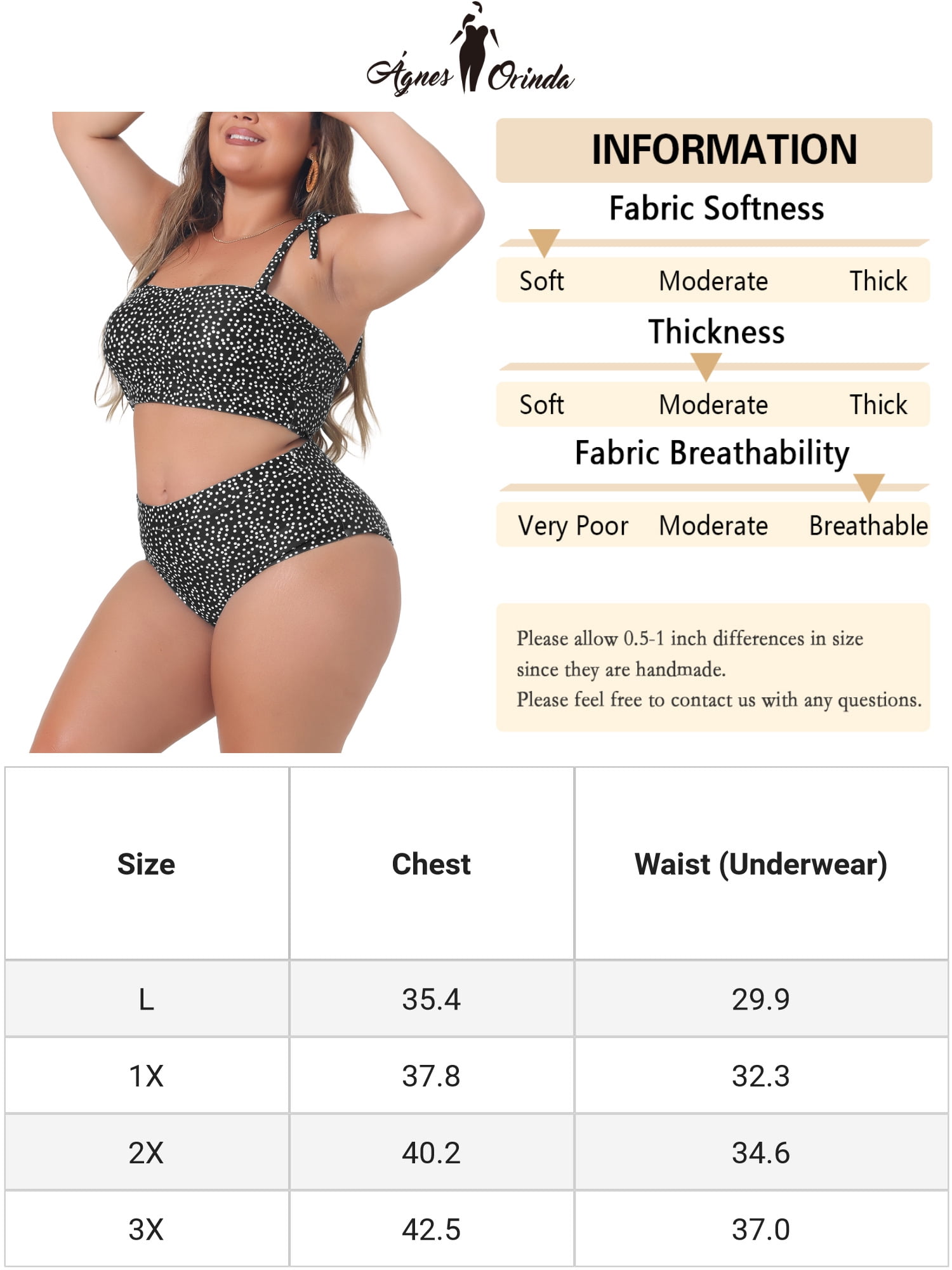 DARING DIVA Women's Plus 2pcs Polka Dots Bikini Bandeau Suits 3X Black