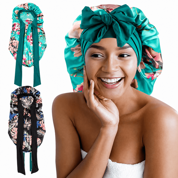 2-Pack Large Satin Sleep Bonnet for Women, Long Hair Cap for Braids and Locs, Stretchy Tie Band, Flower Print