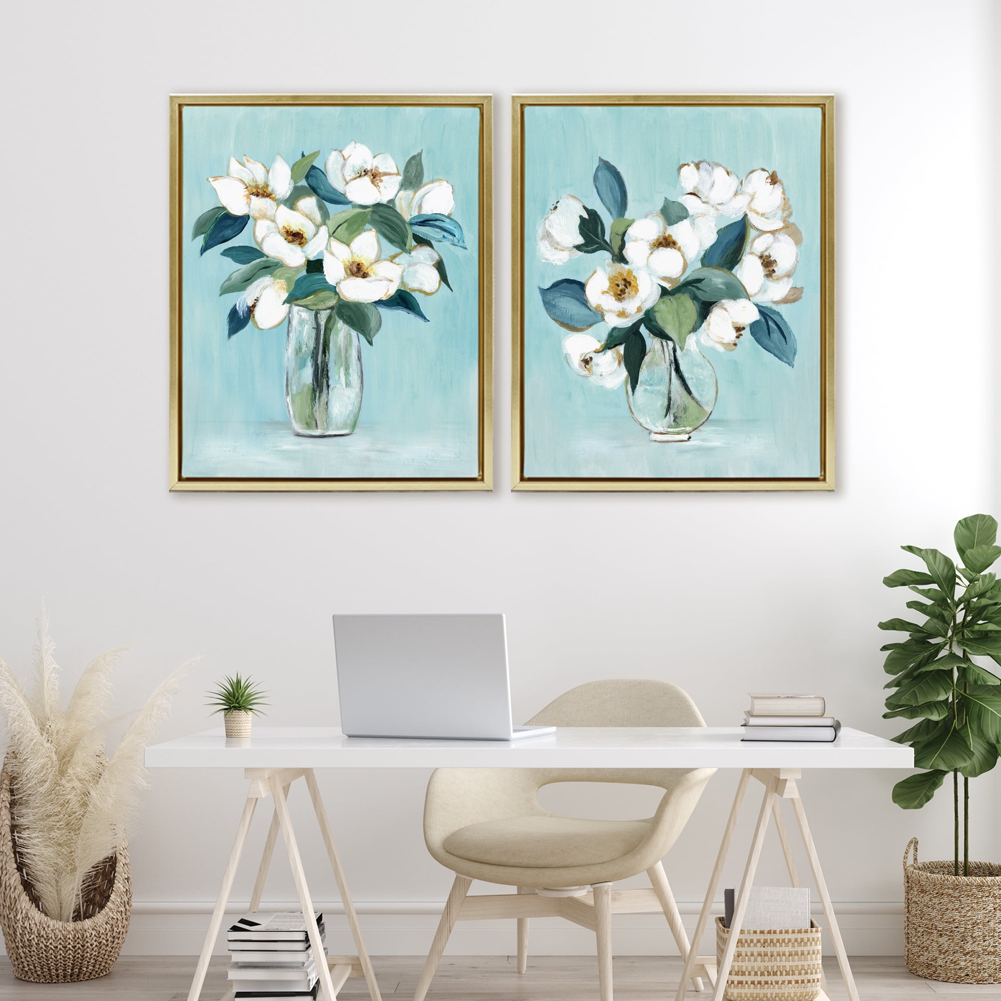 Stupell Industries Magnolia Blossom Vases 2 Piece Gold Framed Floater Canvas Set, design by Janet Tava