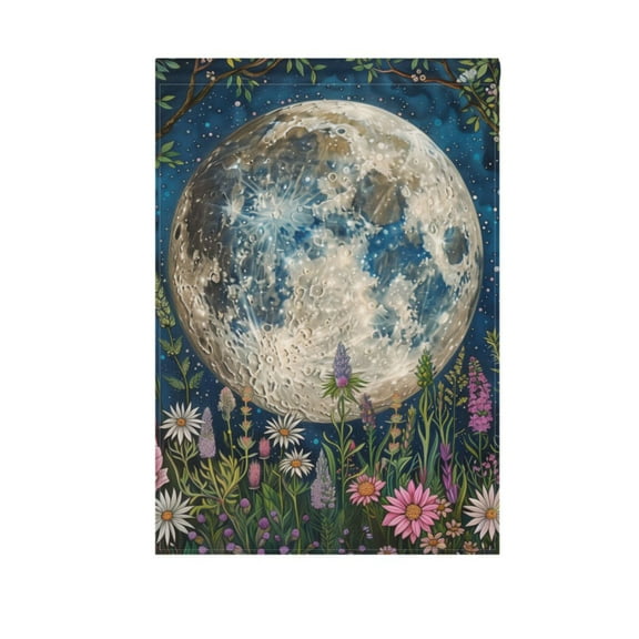 Wildflowers and Trees Surrounded Full Moon Garden Flag 12X18 Double Sided Yard Flags for Outside Outdoor All Seasonal Decoration