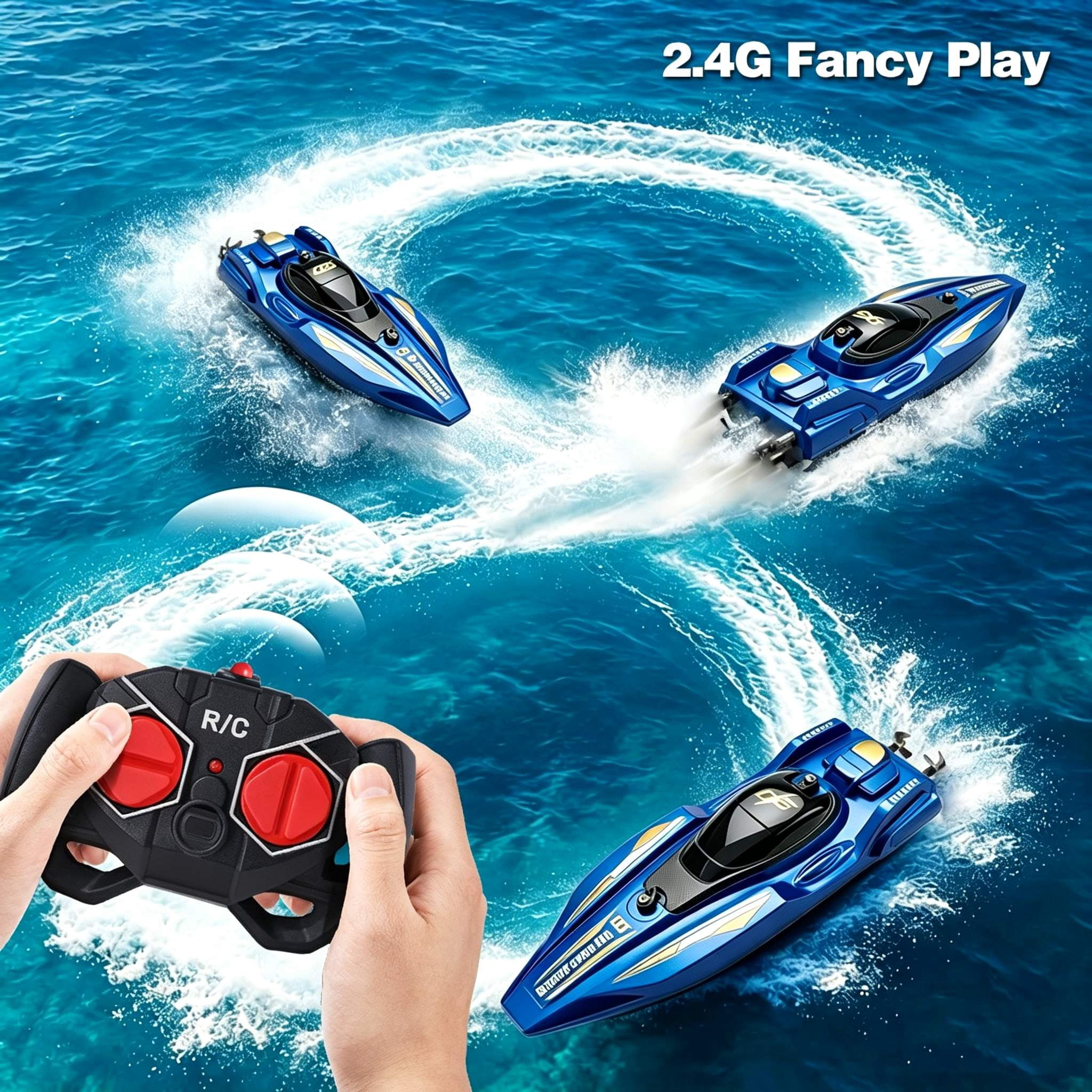 Funtogether High Speed Remote Control Boat for Pools and Lakes, 2.4GHz Waterproof RC Speedboat with Dual Motors, Blue