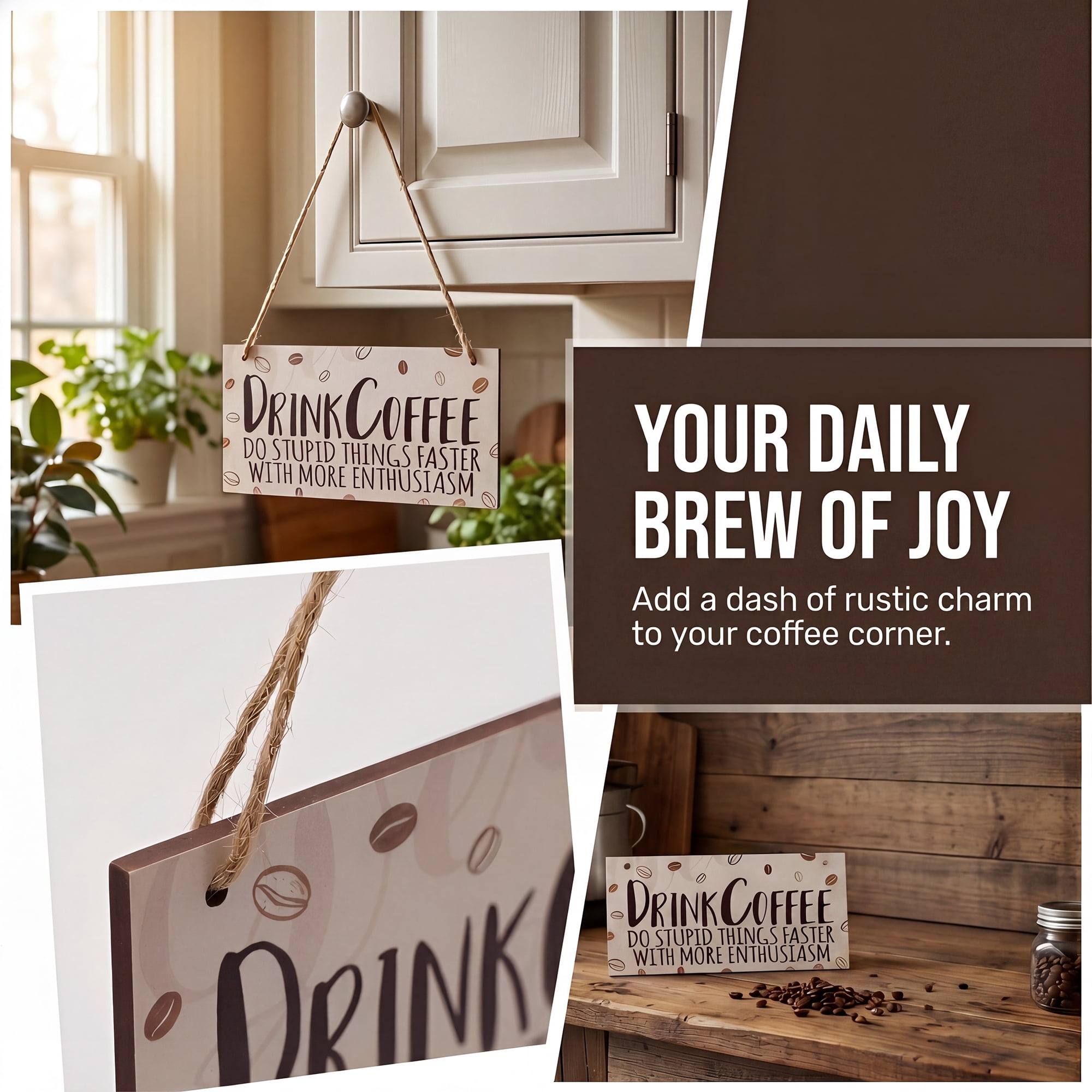 Unique Bargains Coffee Bar Sign Station Decor Rustic Wood Hanging Plaque Style D 3.9in