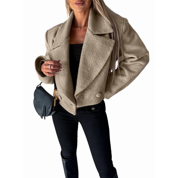 Womens Crop Pea Coat Wool Blend Office Work Lapel Collar Short Winter Jacket Trench Coat Light Coffee Color S