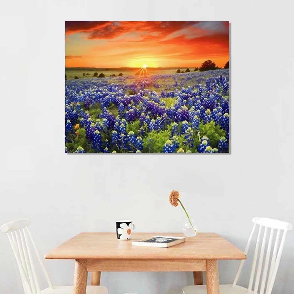 EastSmooth  - Texas Sunset Picture Wall Art Beautiful Bluebonnets Field Photo Canvas Painting Natural Landscape Poster Artwork,Extra
