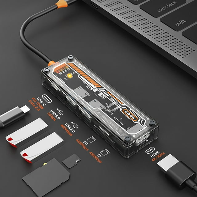PEONAVET Usb Hub Usb Hub Type C Hub Docking Station Multi-function USB3.0 Hub Support HDMI 4K30HZ + PD3.0 100W Fast Charge+ Secure Digital Card and T-Flash Card Data Reading