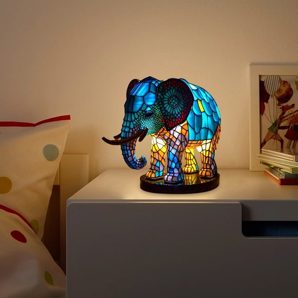 Lámpara de vidrieras Luz de mesa retro, vidrieras de resina, luz de noche, adorno para el hogar (elefante)